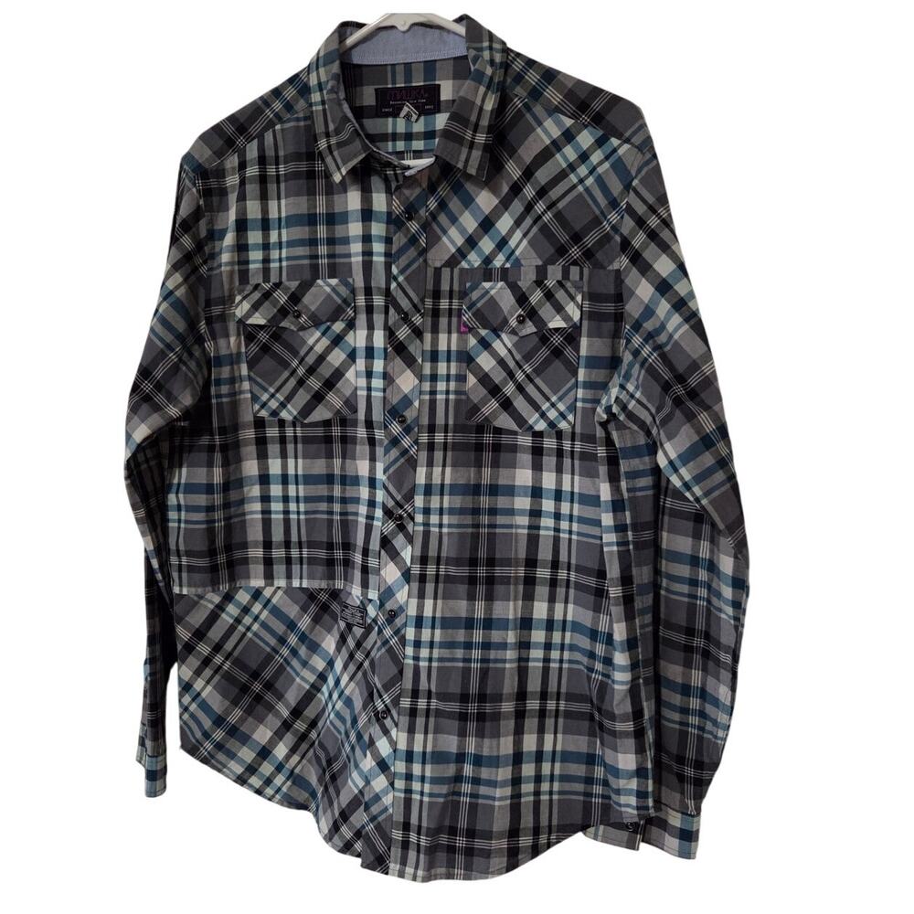 Mishka Mnwka Large Long Sleeve Button Up Plaid Gray Teal Blue Double Pocket